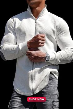 Men's Casual Sports Long-sleeved Fitness Training T-shirt Outdoor Running Top Casual Slim-fit Base Shirt Jacket Sportswear Tops With Ribbed Cuffs For Outdoor, Outdoor Sportswear Tops With Ribbed Cuffs, Casual Long Sleeve Track Jacket For Light Sports, Casual White Stretch Track Jacket, White Stretch Casual Track Jacket, White Tops For Outdoor Sports Season, White Long Sleeve Track Jacket For Gym, Solid Long Sleeve Sportswear T-shirt, Solid Color Long Sleeve Sportswear T-shirt