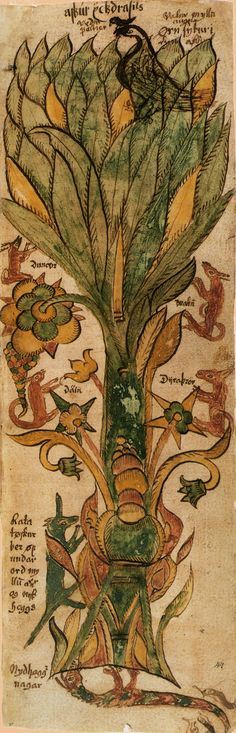 an image of a tree with leaves and animals on it's branches, in the middle