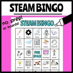 a pink and black poster with words on it that say steam bingo no prep