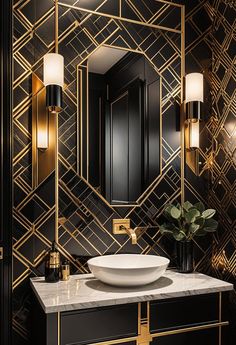 a black and gold bathroom with a bowl on the sink in front of a mirror