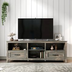 an entertainment center in a living room with a large tv on the wall and plants