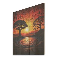 an abstract painting on wood with trees and sunsets in the background, as if it were painted by hand or using acrylic paint