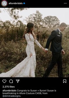 a bride and groom walking through tall grass