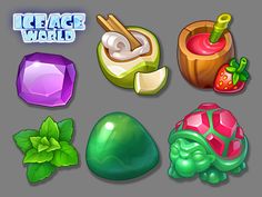 an image of some different items for the game, including plants and rocks with words that read ice age world