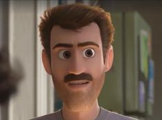 an animated man with a mustache and moustache looks at the camera while standing in front of a refrigerator