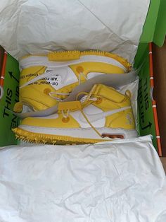 Spice up your sneaker collection with these Nike Off-White x Air Force 1 SP Leather Mid Varsity Maize shoes! The vibrant yellow color adds a pop of energy to any outfit. These shoes are designed for men's feet and come in a size 13. Made with high-quality leather, these shoes are durable and comfortable to wear. They are perfect for athletic activities or everyday wear. The unique design, featuring the iconic Nike swoosh and Off-White branding, makes these shoes a must-have for any sneaker enthusiast. Add them to your collection today! Off White Nike Shoes, Nike Air Force 1 Off White, Nike Air Force 1 Mid Off White, Af1 Louis Vuitton Off White, Nike Air Force 1 Off White Yellow, Off White Shoes, Size 13, Sneaker Collection, Air Force 1