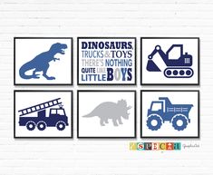 four blue and gray nursery art prints featuring dinosaurs, trucks, and dinos