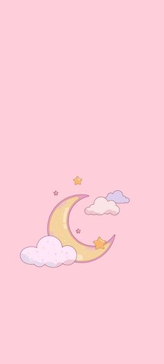 a pink background with clouds, stars and a crescent moon on the left hand side