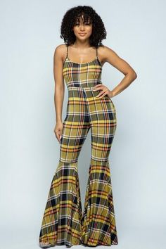 Plaid jumpsuit with wide ruffle bottom Fitted Sleeveless Overalls For Fall, Chic Flare Jumpsuits And Rompers For Spring, Spring Flare Fitted Jumpsuits And Rompers, Chic Spring Flare Jumpsuits And Rompers, Casual Stretch Jumpsuits And Rompers With Ruffles, Chic Plaid Jumpsuits And Rompers For Summer, Casual Fitted Jumpsuits And Rompers With Ruffle Hem, Chic Summer Plaid Jumpsuits And Rompers, Casual Stretch Jumpsuit With Ruffles