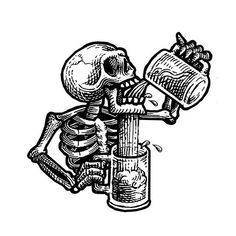 a drawing of a skeleton sitting on top of a lamppost holding a glass with a skull in it