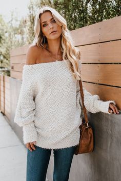 White Off The Shoulder Popcorn Knit Sweater Cream Knit Top For Fall, Slouchy Knit Top For Fall, White Knit Top For Fall, White Slouchy Winter Sweater, Fall Knit Top, Slouchy White Winter Sweater, Winter White Knit Sweater For Fall, Cozy Knit Top For Fall, Cozy Fall Knit Top