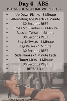 a woman doing bench press up with the text, day 1 abs 10 days of at - home workouts