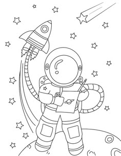 an astronaut standing on the moon with his arms in the air and holding a rocket