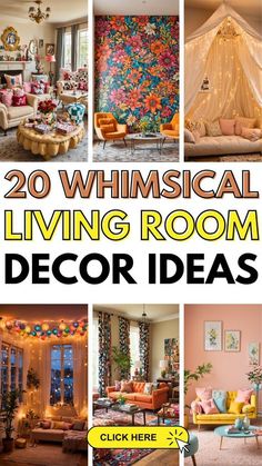 the living room is decorated in bright colors and has lots of furniture, decorating