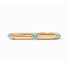 Stackable hinged bangle with stationed bezel set stones, and hammered gold finish. Available in multiple gemstone colors. 24k Gold plate Gemstones Signature Packaging Julie Vos Jewelry, Julie Vos, Bahama Blue, Hammered Gold, Jewelry Bag, Hinged Bangle, Jewelry Bags, Bezel Setting, Gemstone Colors