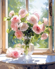 a vase filled with pink roses sitting on top of a table next to a window