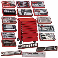 a red tool box filled with lots of tools and wrenches on top of each other