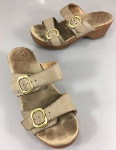 Dansko 6.5 - 7 US Beige Leather 2" Heels 2 Strap Slides Sandals 37EU Summer Low Heel Clogs With Buckle Closure, Low Heel Summer Clogs With Buckle Closure, Beige Open Toe Clogs With Buckle Closure, Casual Low Heel Wedge Sandals With Buckle, Casual Low Heel Wedge Sandals With Buckle Closure, Vintage Slip-on Sandals With Buckle, Vintage Slip-on Sandals With Buckle Closure, Casual Low Heel Mules With Buckle Closure, Casual Low Heel Mules With Buckle