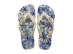 Havaianas Farm Blue Street Flip-Flops - Women's Sandals : Beige : Step light and bright wearing the Havaianas Farm Blue Street Flip-Flops. Crafted from rubber, these waterproof flip flops offer style and durability. It features allover iconic print, round toe design, thong style straps, and metallic logo on one strap. Rubber insole. Rubber outsole. Made in Brazil. Measurements: Weight: 4.24 oz Product measurements were taken using size EU 37-38 (US Men's 5-6, Women's 7-8), width M. Please note t Haviana Flip Flops Outfits, Havaianas Aesthetic, Y2k Flip Flops, Brazil Fits, Havaianas Farm, Cute Flip Flops, Step Light, Farm Clothes, Shoe Wishlist