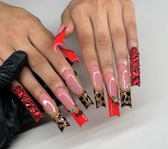 Cherry Red Nails, Cheetah Print Nails, Cheetah Nails, Leopard Print Nails, Nail Art Gel, Pour Art, Print Nails, Unique Acrylic Nails, Long Square Acrylic Nails