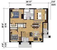 the floor plan for a two bedroom apartment with an attached kitchen and living room area