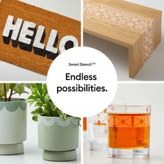 there are four different pictures with the words hello on them and plants in vases next to each other