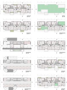 the floor plan for an office building with multiple levels and different sections, all in various colors