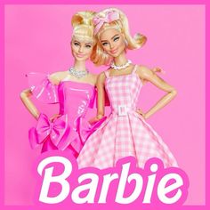 two barbie dolls standing next to each other in front of a pink background with the words barbie on it