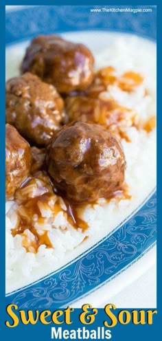 meatballs and gravy on top of rice in a blue and white plate