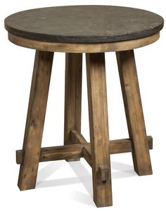 a round wooden table with an iron top