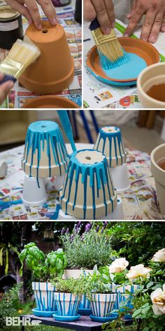 several pictures showing different ways to decorate pots with paint on them and brush in the pot