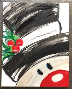 a painting of a snowman wearing a top hat with cherries on his head