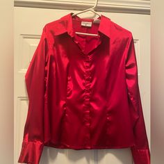 Kathy Ireland Red Dress Blouse, Size M. Hidden Buttons For Flattering Look. Never Worn. Elegant Red Blouse For Night Out, Long Sleeve Blouse For Formal Holiday Events, Formal Long Sleeve Holiday Blouse, Formal Long Sleeve Blouse For Holidays, Fitted Red Blouse For Night Out, Classic Red Tops For Party, Classic Red Top For Party, Classic Red Party Tops, Classic Red Party Top