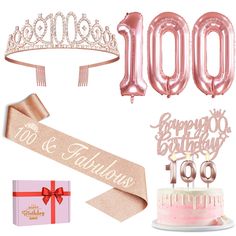 a pink birthday cake, balloon and tiara for someone's 90th birthday