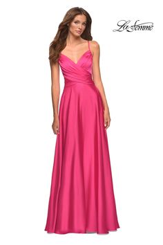 La Femme 30616 Dress | La Femme Dresses | Formal Approach Dress Display, Drape Gowns, Satin Evening Dresses, Pink Formal Dresses, Elegant Prom Dresses, Ruched Bodice, Satin Gown, Dress Store, Long Gown