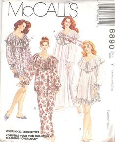 McCalls 6890, Misses Nightgown, Nightshirt and Pajamas: Loose-fitting nightgown view A, nightshirt view B and C or pajama top view D have long raglan sleeves with elastic thru casing forming ruffles, ruffle type collar and optional lace and ribbon bow trim; view A has lace collar; view B has lower Pajamas Pattern, Nightgown Pattern, Lingerie Patterns, Women's Sewing Pattern, Pajama Pattern, Mccalls Sewing Patterns, Nightgowns For Women, Mccalls Patterns, Sewing Pattern Sizes