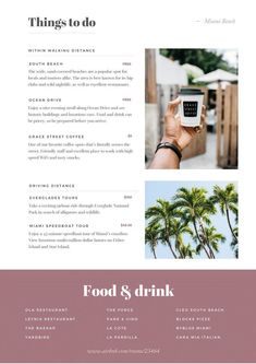 the food and drink menu is shown in pink, with palm trees on it's side