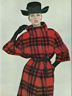 UK Vogue 1963 Magazine Advertisement Red Black Wool Plaid Funnel Neck Winter Coat. Stunning! 1963 Fashion, Model Jeans, Jean Shrimpton, Irish Fashion, Greece Santorini, David Bailey, Magazine Advertisement