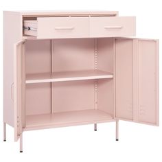 a pink cabinet with two open shelves and one closed shelf on the right side, in front of a white background