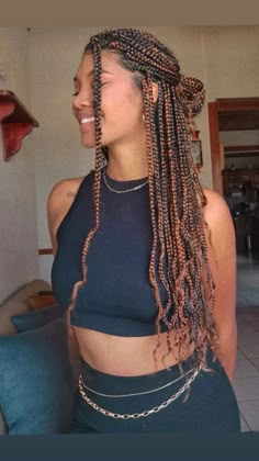 Medium Box Braids Ombre, Box Braid Hair Color Ideas, Black Braids Brown Highlights, Autumn Box Braids, Box Braid Inspo Color, Braid Hair Extensions Styles, Maple Brown Braids, Box Braids Black And Brown, Ways To Tie Braids