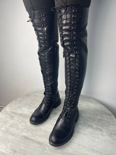 Full zippered over the knee boots made from black genuine leather. Military and gothic style look s stylish and unique. Handcrafted boots for a special days to feel different. All our products are made in our production. Our teams includes the best masters with 10 to 20 years. Absolutely every product is handmade according to our and customer's designs. We choose leather of the highest quality and also work with factories from Europe. Every customer has the opportunity to order shoes and bag acc Tall Combat Boots, Thigh High Boots Flat, Combat Style, Boots Combat, Popular Boots, Handcrafted Boots, Wide Calf Boots, Wide Calf, Gothic Style