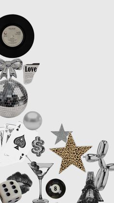 various objects are arranged in the shape of a star, disco ball, and other items