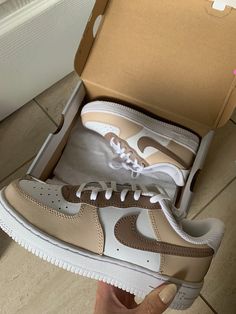 Custom Nike Air Force 1's (AF1s). Warm beige and brown tones, hand-painted.  These classic AF1s are personalized with a brown and beige variation with warmer tones which will have everyone turning heads. All shoes are made to order, therefore all orders are unique and no returns/exchanges. Please let me know if you have any colour requests! A message confirmation will be sent regarding size and design, please reply to proceed. Shoes are ordered in Youth Sizing. *Please note - refrain from wearin All White Sneakers, Dr Shoes, Air Force 1 Custom, Mocha Color, Aesthetic Shoes, Shoe Company