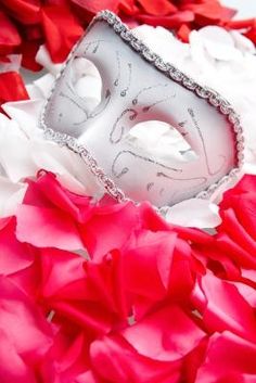 a white mask sitting on top of red petals next to pink and white poinsettis