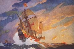 a painting of a ship in the ocean