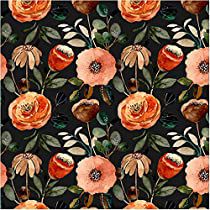 a black background with orange and pink flowers on it's sides, in the center