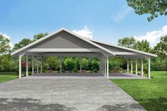 a rendering of a covered pavilion in the middle of a park with lots of trees