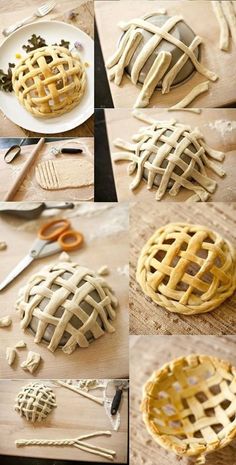 the steps to make an apple pie are shown in four different stages, including cutting and decorating