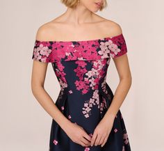 Structured and timelessly beautiful, this floral dress is the missing piece for your next evening out. This fit and flare dress features an off the shoulder neckline with foldover accent, ankle-length skirt, and pockets. Crafted from jacquard fabric boasting a contrasting metallicfloral print, this dress has no waist seam for a comfortable fit for all body types. This off the shoulder dress has minimal stretch. Styled with nude heels and your favorite clutch, this ankle-length dress scales from Ankle Length Skirt, The Missing Piece, Ankle Length Dress, Floral Jacquard, Missing Piece, Nude Heels, The Missing, Navy Pink, Jacquard Fabric