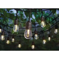 an outdoor string light with bulbs hanging from it's sides and green leaves on the other side